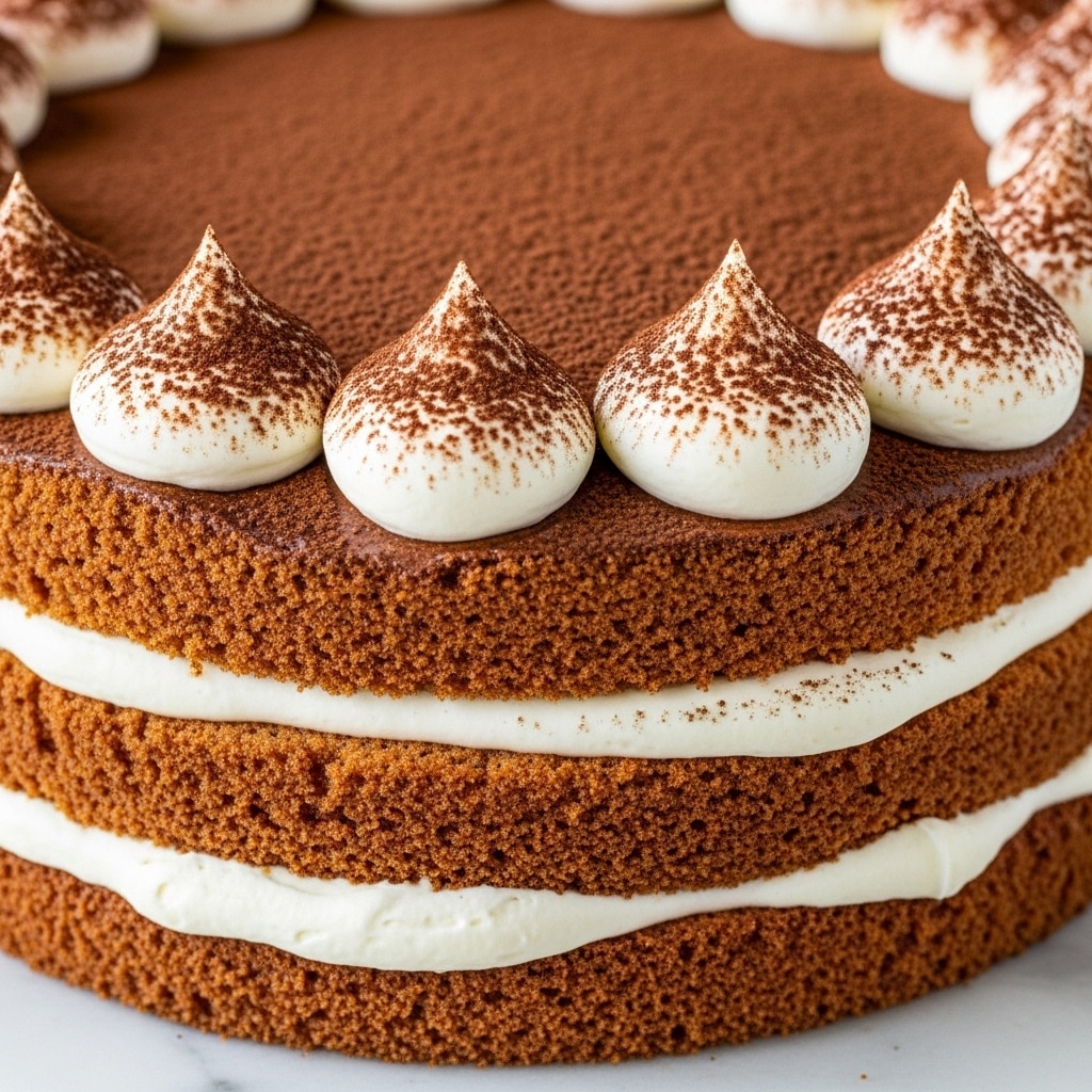 A close-up of a layered cake with three light brown sponge cake layers separated by thick layers of white cream. The top of the cake is covered evenly with a fine dusting of cocoa powder, and around the edge, there are swirls of white whipped cream, each sprinkled lightly with cocoa powder. The cake sides show the creamy and sponge cake layers clearly. The whole cake sits on a white marbled surface. photo taken with an iphone --ar 4:5 --v 7