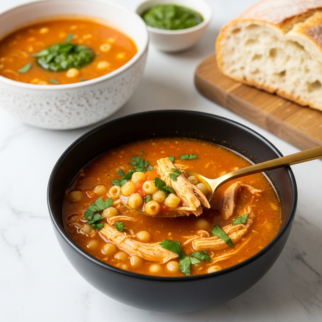 The image shows a black bowl filled with a warm orange-red soup that has visible pieces of shredded chicken, small pasta, and chopped green herbs floating throughout. A shiny gold spoon scoops up some of the soup, highlighting the texture of the ingredients. Beside the bowl, there is a white bowl with a rough texture filled with the same soup, and a wooden board holding a thick slice of crusty white bread with a soft inside. In the background, a small white bowl contains a bright green pesto sauce. The whole scene is set on a white marbled texture surface. photo taken with an iphone --ar 4:5 --v 7