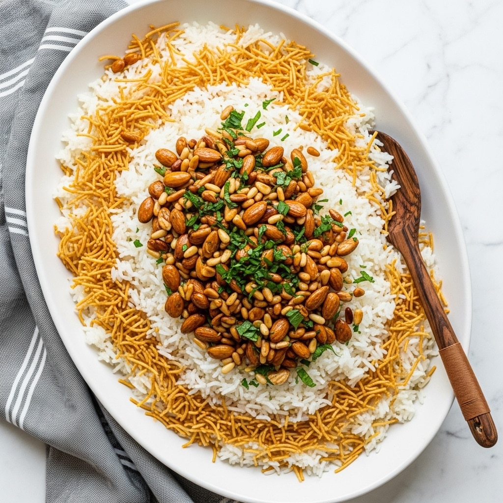 A large white oval plate is filled with a layer of fluffy white rice mixed with thin, golden toasted noodles evenly spread throughout. On top, there is a mound of light brown toasted almonds and smaller pine nuts, sprinkled with small pieces of bright green fresh herbs. A wooden spoon with a dark brown grain rests inside the plate on the right side. The plate sits on a white marbled surface with a gray and white striped cloth partially visible on the left side. photo taken with an iphone --ar 4:5 --v 7