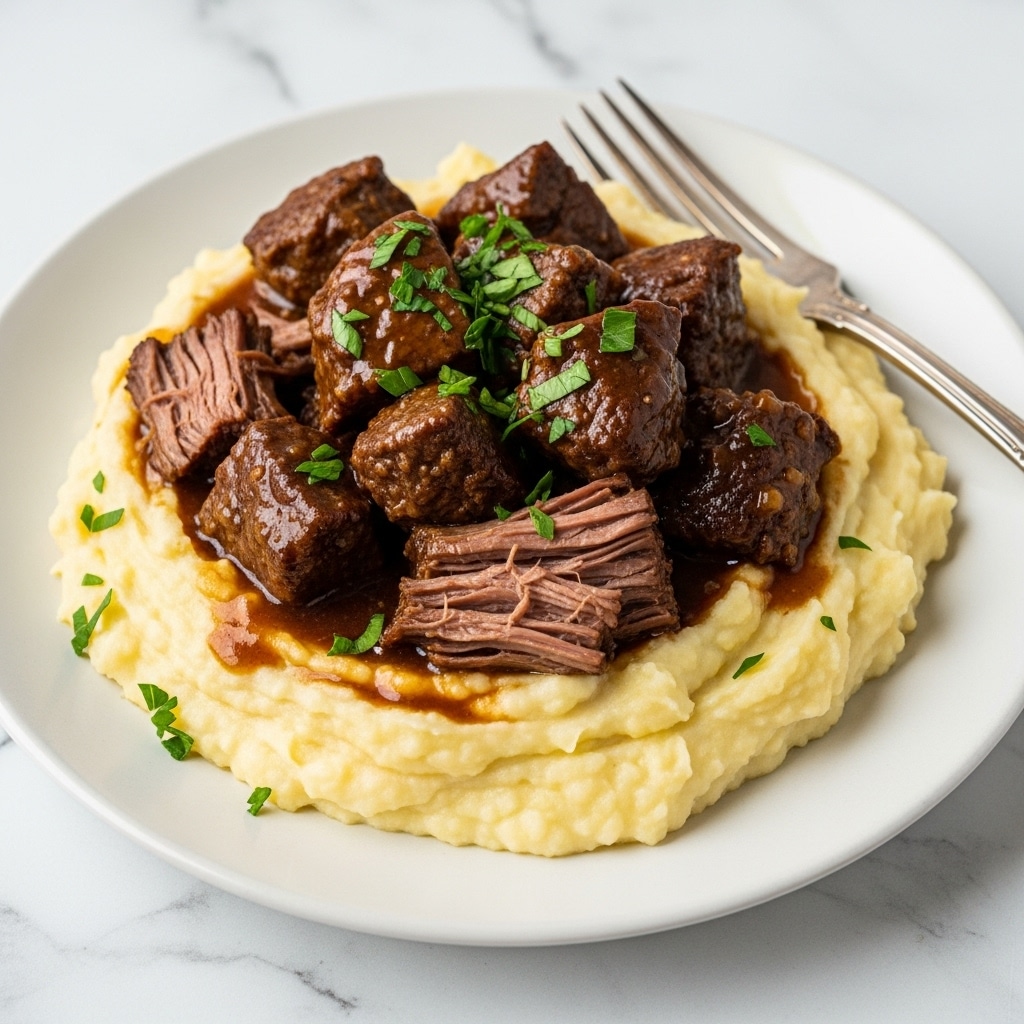 This image shows a plate with two main layers: the bottom layer is creamy mashed potatoes that are pale yellow with a soft, textured surface. On top, there are chunks of tender, shredded beef that are dark brown with a glossy, rich gravy coating them. The beef is garnished with fresh green chopped herbs, giving a bright contrast. The plate holding the food is white with a simple design, and a vintage silver fork rests on the edge. The setting has a white marbled surface under the plate. photo taken with an iphone --ar 4:5 --v 7