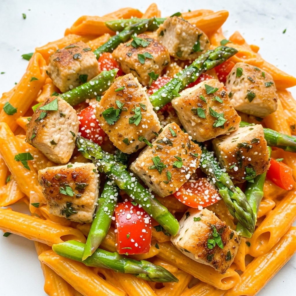 The image shows a close-up of creamy pasta with three main layers. The base layer is penne pasta coated in an orange creamy sauce. On top, there are chunky pieces of cooked chicken mixed in, with a golden-brown seared texture and green herbs sprinkled over them. Mixed throughout are bright green asparagus pieces and small vibrant red and yellow bell pepper chunks that add color contrast. The whole dish is topped with a light sprinkling of grated white cheese and chopped green herbs for freshness. The background is a white marbled texture. Photo taken with an iphone --ar 4:5 --v 7