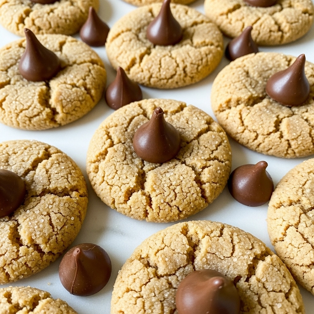 The image shows several round peanut butter cookies with a cracked, light golden brown texture, each topped with a single smooth, dark milk chocolate kiss placed in the center. The cookies are arranged closely on a white marbled surface, and some extra chocolate kisses are scattered around them, adding a shiny dark brown contrast. The cookies have a slightly rough, crumbly look with sugar granules visible on top, showing a rustic homemade style. Photo taken with an iphone --ar 4:5 --v 7