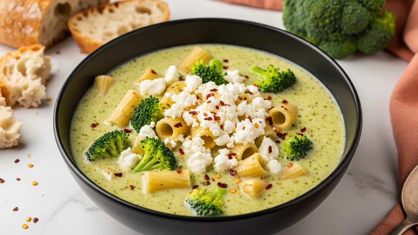 The dish is a creamy broccoli soup served in a deep black bowl placed on a white marbled surface. The soup has a thick, light green base mixed with small broccoli florets and short tube pasta visible throughout. White crumbled cheese is sprinkled generously on top, adding a soft texture contrast. Some red chili flakes are scattered over the soup, giving a touch of color and spice. In the background, there are irregularly sliced pieces of rustic bread and a broccoli floret, with a muted coral cloth nearby for a warm color contrast. Photo taken with an iphone --ar 4:5 --v 7