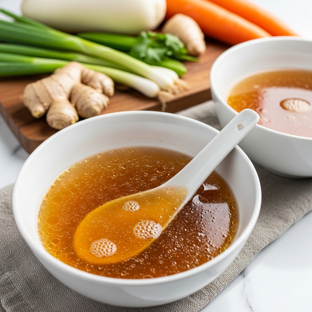A white bowl filled with a clear golden-brown broth that has tiny bubbles on the surface, with a white ceramic spoon resting inside it. Behind it, another similar bowl is partially visible with the same broth. In the background, on a wooden chopping board, there are various fresh ingredients including green onions, ginger roots, an orange carrot, and a large white vegetable. The whole setup is placed on a white marbled surface with a cloth beneath the bowls. photo taken with an iphone --ar 4:5 --v 7
