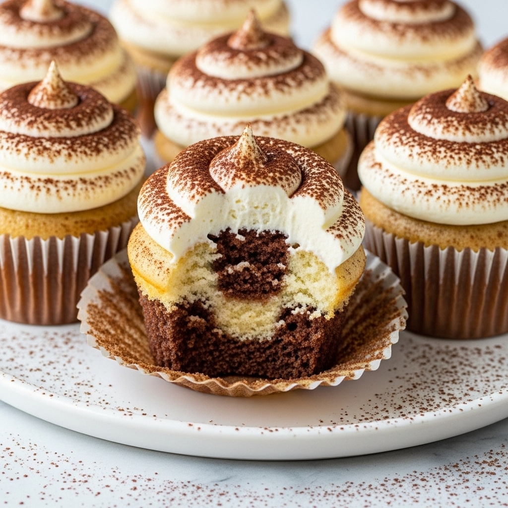 The image shows several cupcakes arranged closely on a white marble surface with some cocoa powder dusted around them. Each cupcake has two main layers: the base is a light brown, slightly textured cake inside a white paper liner, and the top is a thick swirl of creamy off-white frosting with a soft, fluffy texture. The frosting is decorated with a dusting of cocoa powder, giving it a rich reddish-brown color contrast. The cupcakes appear soft and moist, with the frosting layered in two spirals, rising slightly above the cake. The overall scene is bright, clear, and focused on the closest cupcake in the front. photo taken with an iphone --ar 4:5 --v 7