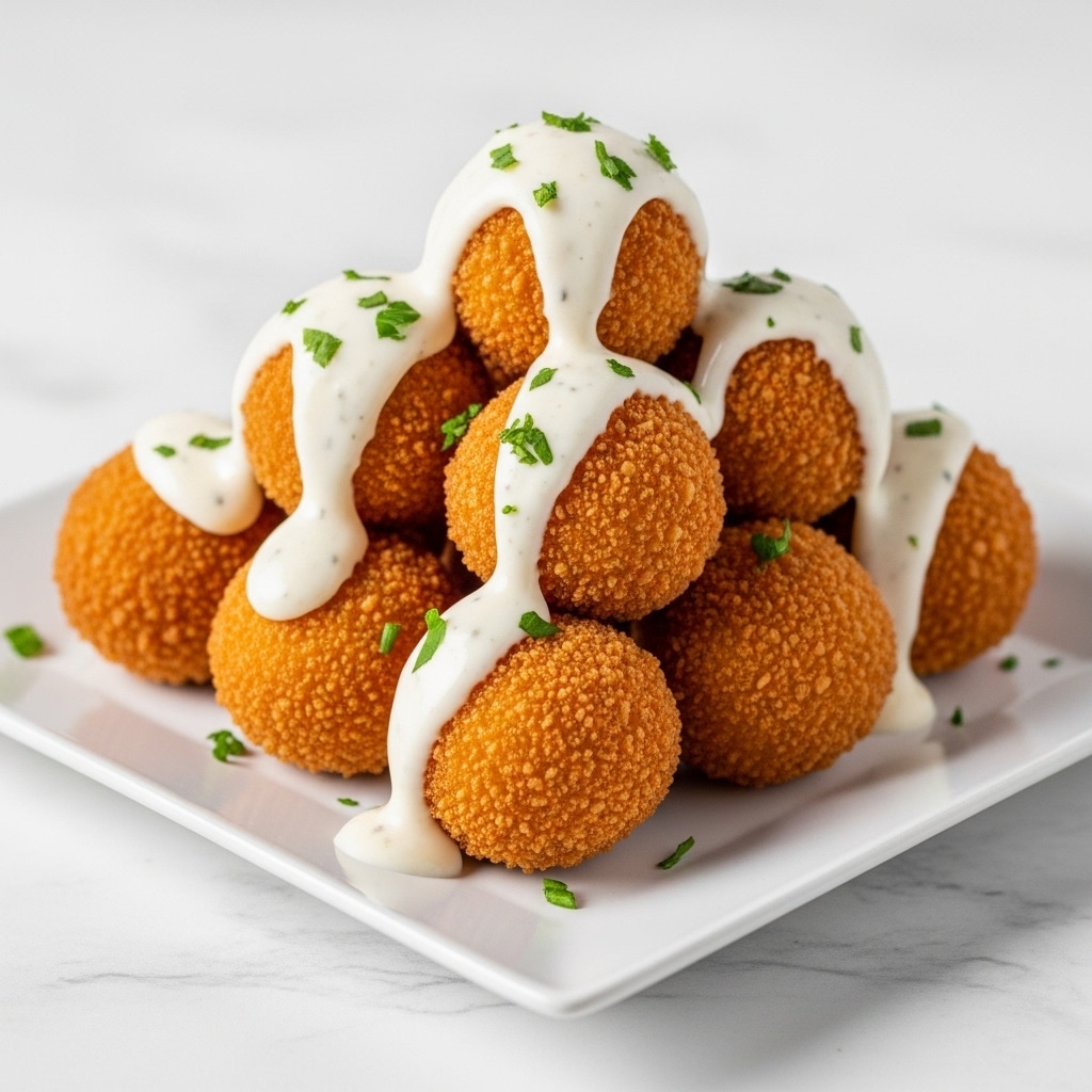 A white square plate holds a pile of golden brown fried cheese balls, each crisply textured with a crunchy coating. Creamy white sauce is drizzled generously over the top, pooling slightly at the bottom of the plate. The dish is sprinkled with finely chopped green herbs, adding pops of fresh color. The cheese balls are arranged in a loosely stacked pyramid shape on a white marbled surface. photo taken with an iphone --ar 4:5 --v 7