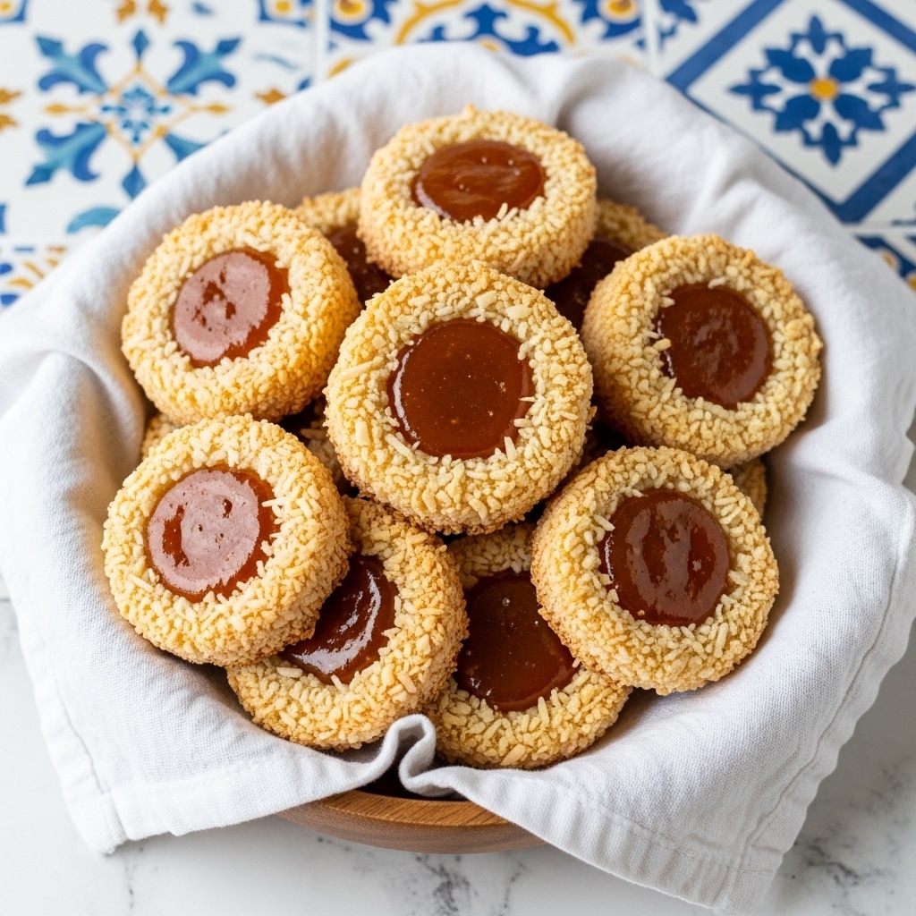 A wooden bowl lined with a soft white cloth holds a pile of round cookies, each about one layer thick. The cookies have a golden-brown, crispy outer edge made of shredded coconut, giving them a rough texture. In the center of each cookie is a shiny, smooth, caramel-colored jam or filling, slightly sunken and glossy. The bowl sits on a white marbled surface with mixed patterned blue and white tiles that provide a colorful and bright background. The photo taken with an iphone --ar 4:5 --v 7
