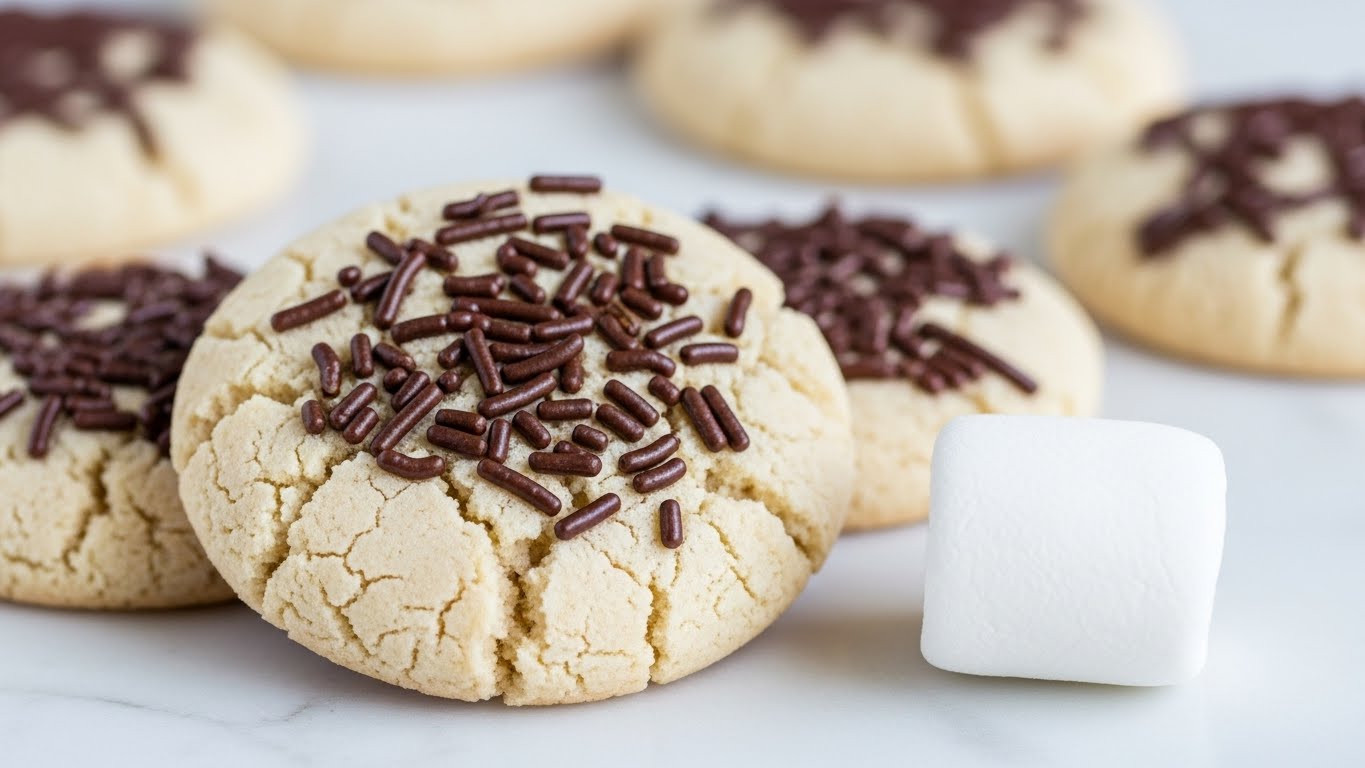 A close-up image of round, light beige cookies decorated with many small, thin dark brown chocolate sprinkles. The cookies have a slightly rough and cracked surface texture, giving them a homemade look. One white marshmallow is placed near the cookies on a white marbled surface, adding contrast. In the background, there are more cookies softly blurred out. The photo is taken with an iphone --ar 4:5 --v 7