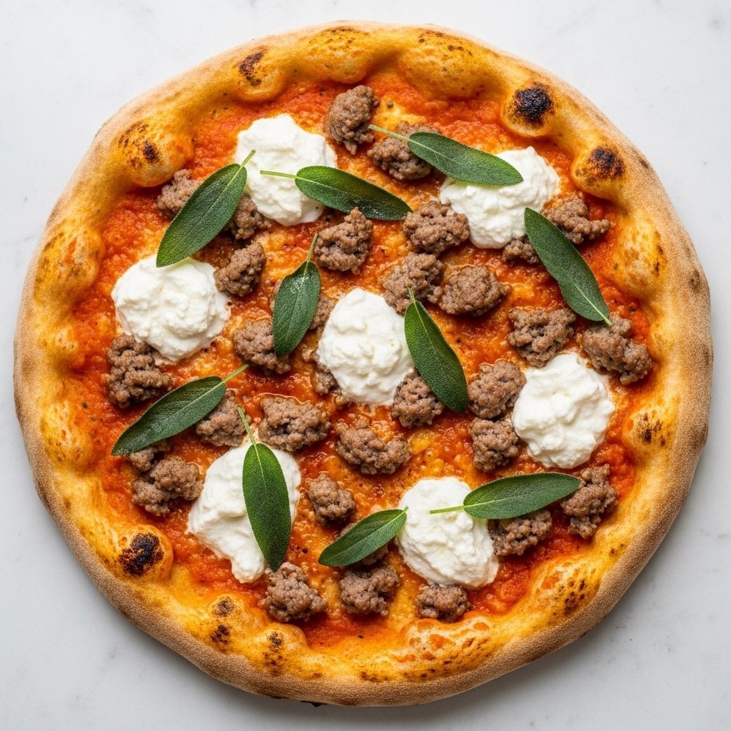 A round pizza with a golden, slightly charred crust sits on a white marbled surface. The first layer is a vibrant orange spread of sauce covering the dough. On top, there are uneven small brown sausage crumbles scattered all over. White dollops of creamy ricotta cheese are placed in several spots, creating a soft contrast to the orange base. Fresh green sage leaves are sprinkled on top, adding texture and color variety. Photo taken with an iphone --ar 4:5 --v 7