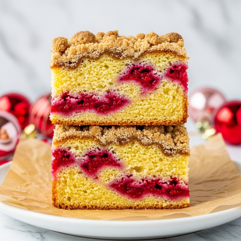 A rectangular piece of crumb cake sits on a white plate, showing three main layers: the base cake is light golden brown with a soft texture, the middle layer has bright red cranberries mixed throughout adding pops of color, and the top layer is a crumbly, golden streusel with small pieces and a slightly gritty texture. A thin drizzle of white icing is spread unevenly over the crumb topping, melting slightly into the crumbs. The plate is placed on a white marbled surface with red and silver round Christmas ornaments nearby, and a red cloth partially visible under the plate. Photo taken with an iphone --ar 4:5 --v 7