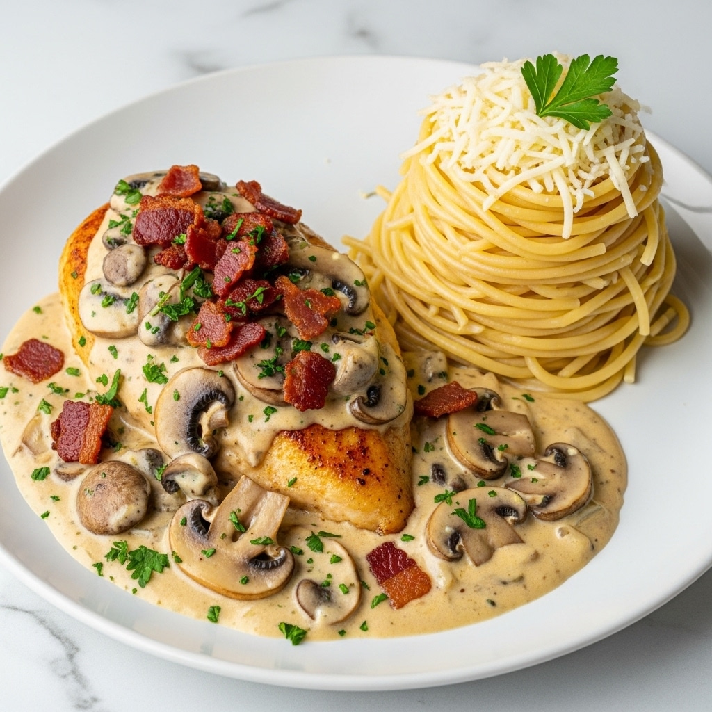 A white plate holds a meal with two main parts: on the right, a neat stack of yellow cooked spaghetti topped with shredded white cheese and a small green parsley leaf; on the left, a thick, golden brown chicken breast covered with a creamy light beige sauce filled with sliced brown mushrooms and green herbs, topped with crispy dark red bacon pieces and sprinkled chopped green parsley. The sauce spreads across the plate beneath the chicken and mushrooms. The dish is set on a white marbled surface. photo taken with an iphone --ar 4:5 --v 7