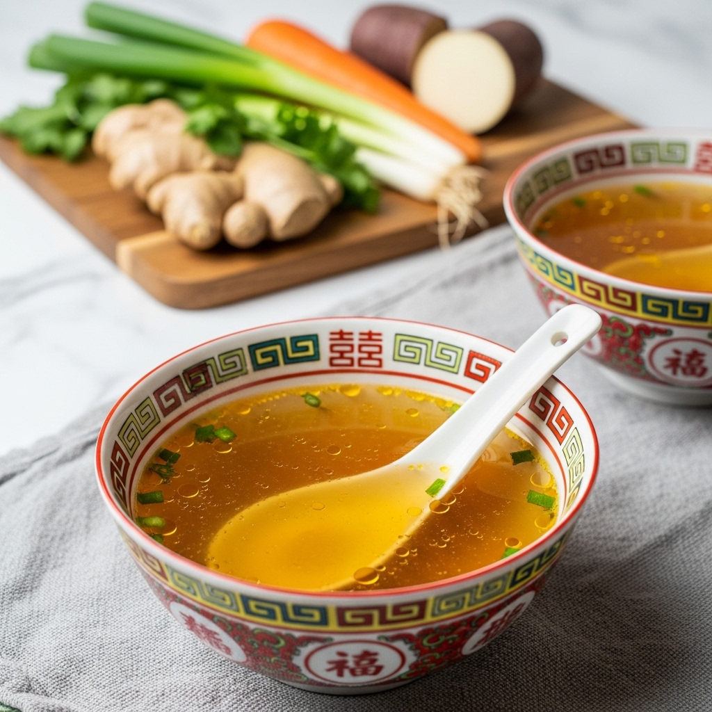 A close-up photo of a single bowl filled with clear golden broth with a slightly oily surface, placed on a textured light gray cloth. The bowl is white with red, green, and yellow decorative patterns along the rim and body, including small Chinese characters. Inside the bowl rests a white ceramic spoon, partially submerged in the broth. In the background, a second bowl of broth is blurred but visible, along with fresh ingredients on a wooden board, including ginger, green onions, a carrot, and a sliced root vegetable, all set against a white marbled texture surface. photo taken with an iphone --ar 4:5 --v 7