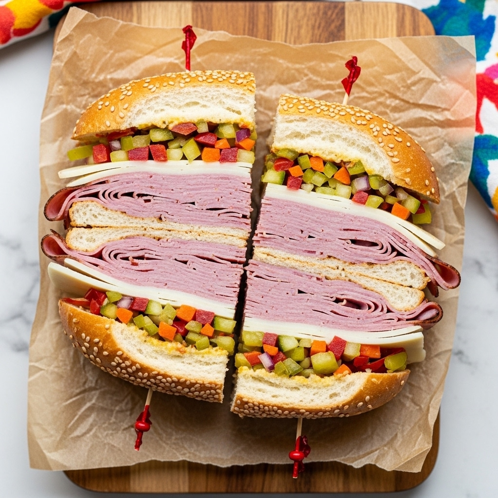 The image shows a large sandwich cut into four pieces placed on brown parchment paper on a wooden board. The sandwich has a sesame seed-topped bun with a soft, golden crust. Inside, there are many thin layers of pink deli meat stacked in the center, alternating with white slices of cheese. Around the meat and cheese layers, there is a mix of diced green, orange, and red vegetables. Each sandwich piece is held together with a small red toothpick. The photo is taken from above on a white marbled surface with a colorful cloth in the background, photo taken with an iphone --ar 4:5 --v 7