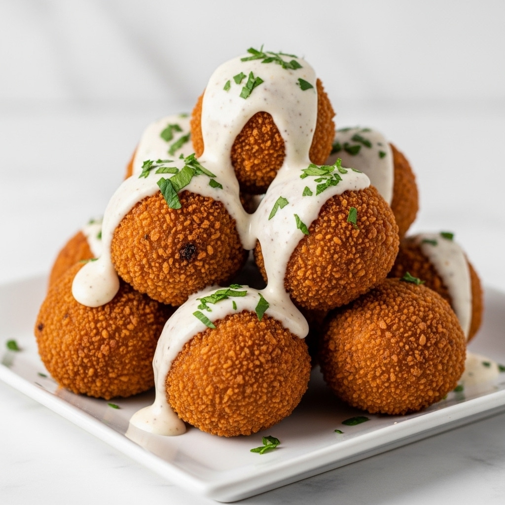 A pile of golden brown, crispy balls stacked on a white square plate, each ball covered with a creamy white sauce that drips slightly over the edges. The surface of the balls shows a crunchy, textured crust with hints of darker brown spots indicating frying. Finely chopped green herbs are sprinkled evenly on top of the balls and sauce, adding a fresh color contrast. The plate is set on a white marbled surface with a blurred background. photo taken with an iphone --ar 4:5 --v 7