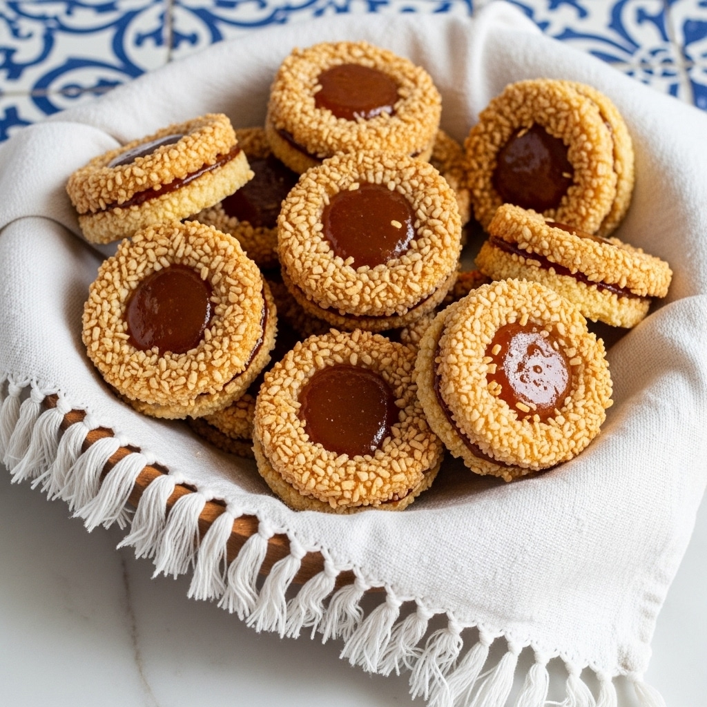 A wooden bowl lined with a white fringed cloth holds about a dozen round cookies. Each cookie has two layers: a golden-brown outer ring of textured toasted coconut flakes and a glossy amber center of jam or caramel. The cookies are stacked casually inside the bowl, showing their soft, slightly crumbly edges and shiny, smooth filling. The bowl sits on a white marbled surface with blue and white patterned tiles in the background. photo taken with an iphone --ar 4:5 --v 7