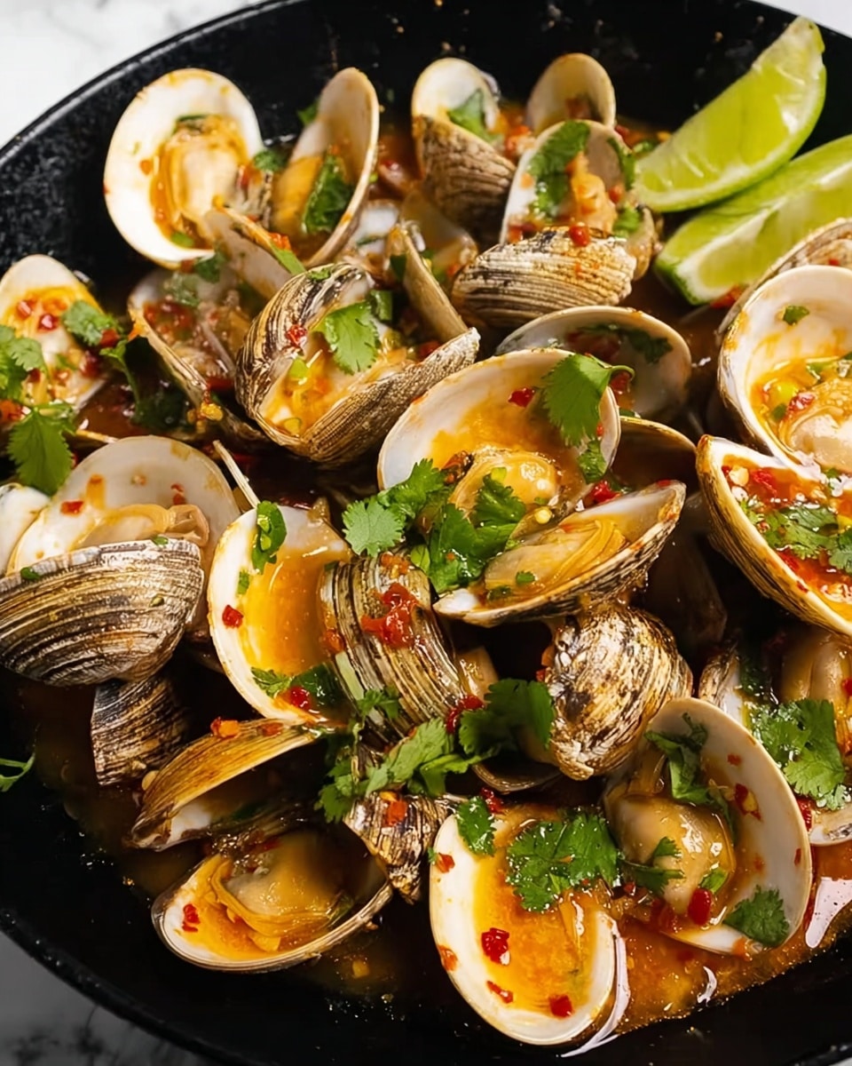 A close-up view of many open clams arranged in a shallow black bowl, each clam with a light beige, slightly glossy texture and coated with a light reddish-orange sauce. Bright green cilantro leaves are scattered across the clams, adding a fresh look. Two lime wedges sit on the top right side, showing their light green juicy interior, while the background is a white marbled texture. The clams show details of their shells with brown and white stripes, and the sauce appears slightly oily with red chili flakes and chopped herbs visible. photo taken with an iphone --ar 4:5 --v 7