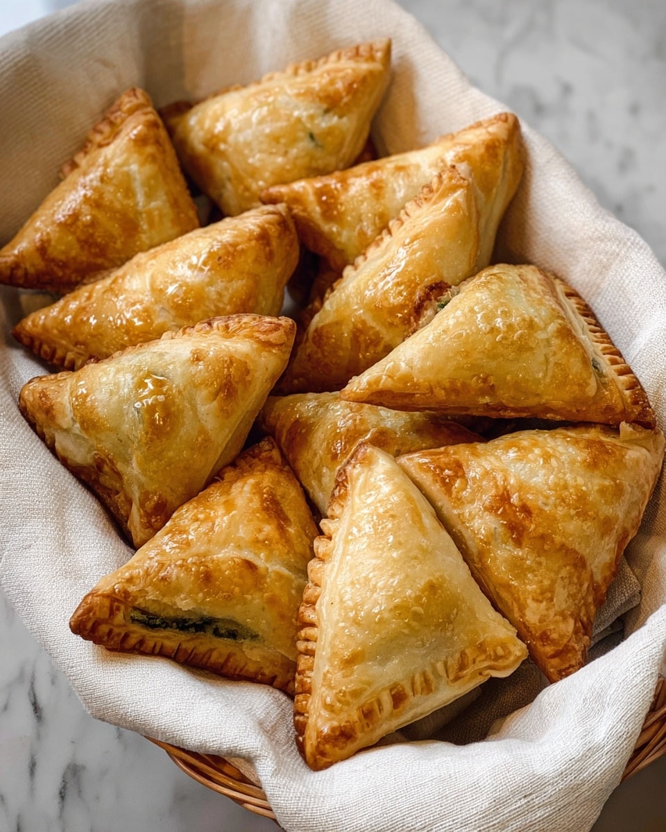 A basket lined with a white cloth holds many golden brown triangular pastries arranged close together. Each pastry has a flaky outer layer with a shiny, slightly glazed surface showing a light to dark golden gradient. The edges are crimped with fork marks, and some reveal a green filling peeking slightly through small openings. The basket sits on a white marbled surface. photo taken with an iphone --ar 4:5 --v 7