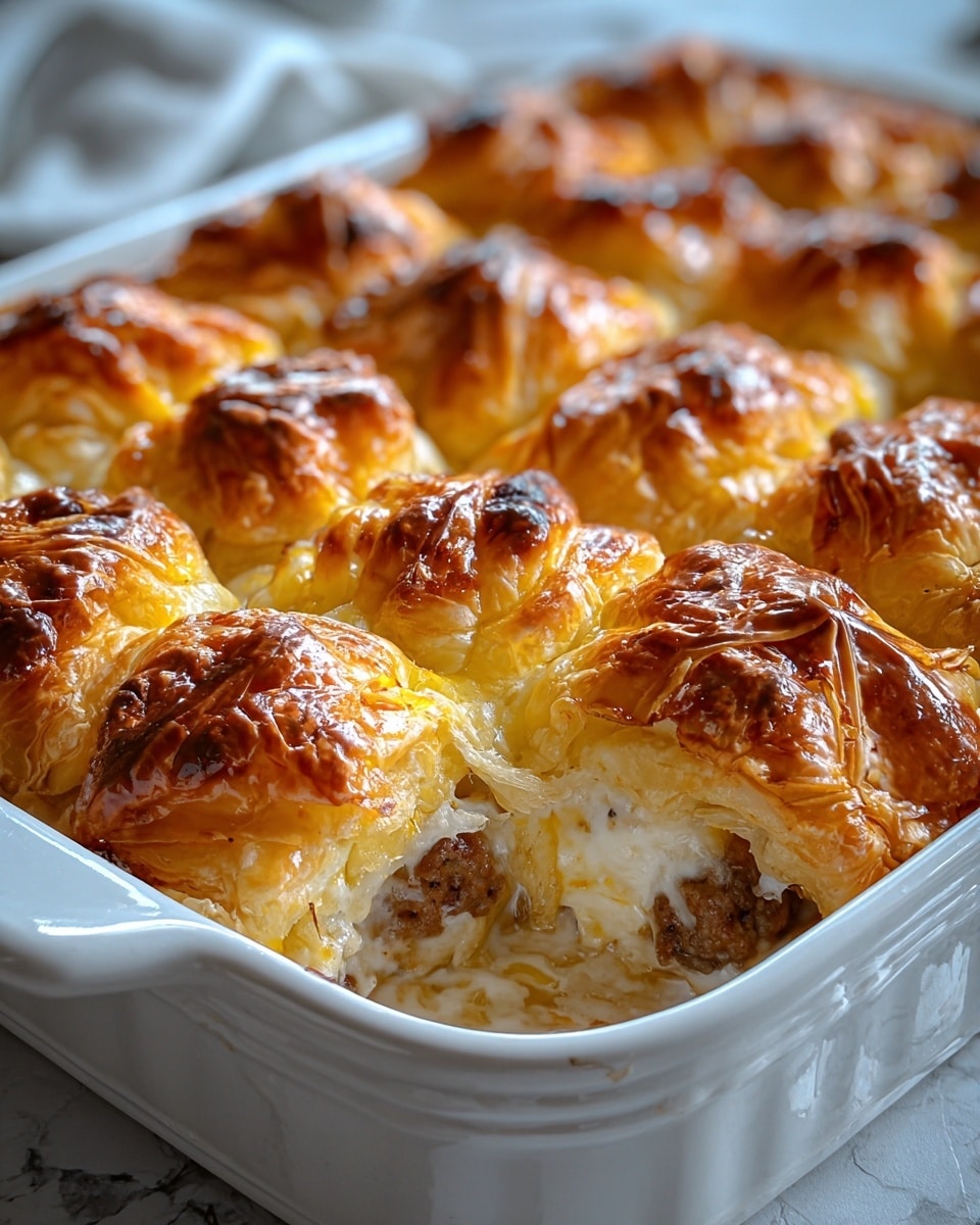 The image shows a white ceramic baking dish filled with 16 golden brown puff pastry parcels arranged in 4 rows of 4. Each piece has a shiny, crisp, layered top with browned spots and visible flaky layers, puffing upward. Inside, the filling is soft and creamy white with some bits of cooked, browned sausage visible in the middle of the open piece. The dish sits on a white marbled textured surface with a blurred background. Photo taken with an iphone --ar 4:5 --v 7