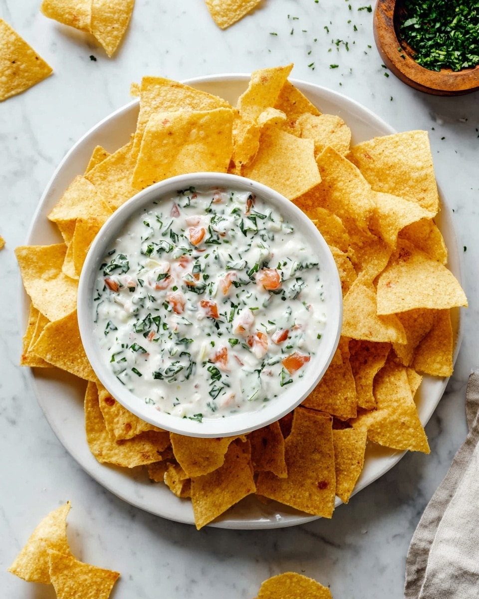 A white bowl filled with creamy white dip mixed with finely chopped green herbs and small pieces of red tomato sits in the center of a white plate. Surrounding the bowl, there are many golden-yellow tortilla chips, some of which dip lightly into the creamy mixture. The plate rests on a white marbled surface with scattered chips around the edges and a small wooden bowl with chopped green herbs in the background. photo taken with an iphone --ar 4:5 --v 7