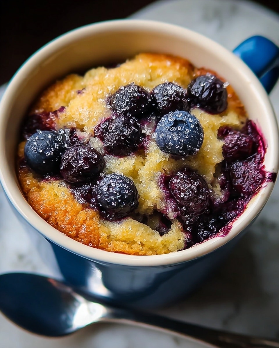A close-up of a blueberry mug cake inside a white mug with a blue outside. The top layer is golden brown cake with soft texture, dotted with dark purple blueberries both baked inside and fresh on top. The blueberries have a juicy, glossy look with sugar crystals sprinkled over them, adding sparkle. The mug sits on a white marbled texture, and a silver spoon is seen beside it, ready to scoop. photo taken with an iphone --ar 4:5 --v 7