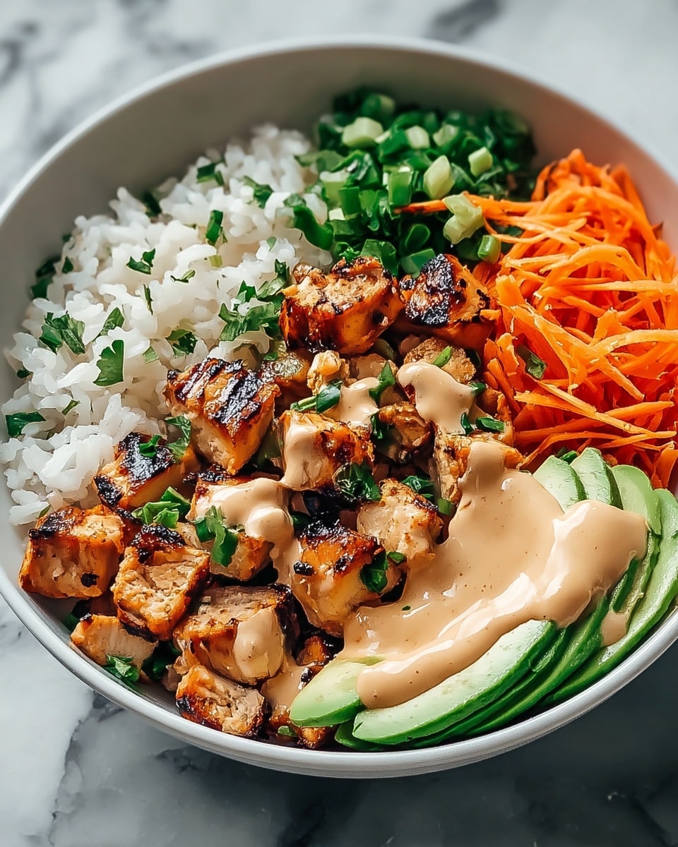 A white bowl is filled with four main layers. One layer is white cooked rice that looks soft and fluffy on the left side. Next to it, there are small cubes of grilled chicken showing a browned and slightly charred texture with some green herb pieces on top. Beside the chicken, there are bright orange shredded carrots, thin and fresh. To the right, there are sliced avocado pieces that are light green and creamy. Over part of the chicken, there is a spread of light tan sauce with some green herbs sprinkled on top, adding a smooth and thick look. The bowl is placed on a white marbled surface. Photo taken with an iphone --ar 4:5 --v 7