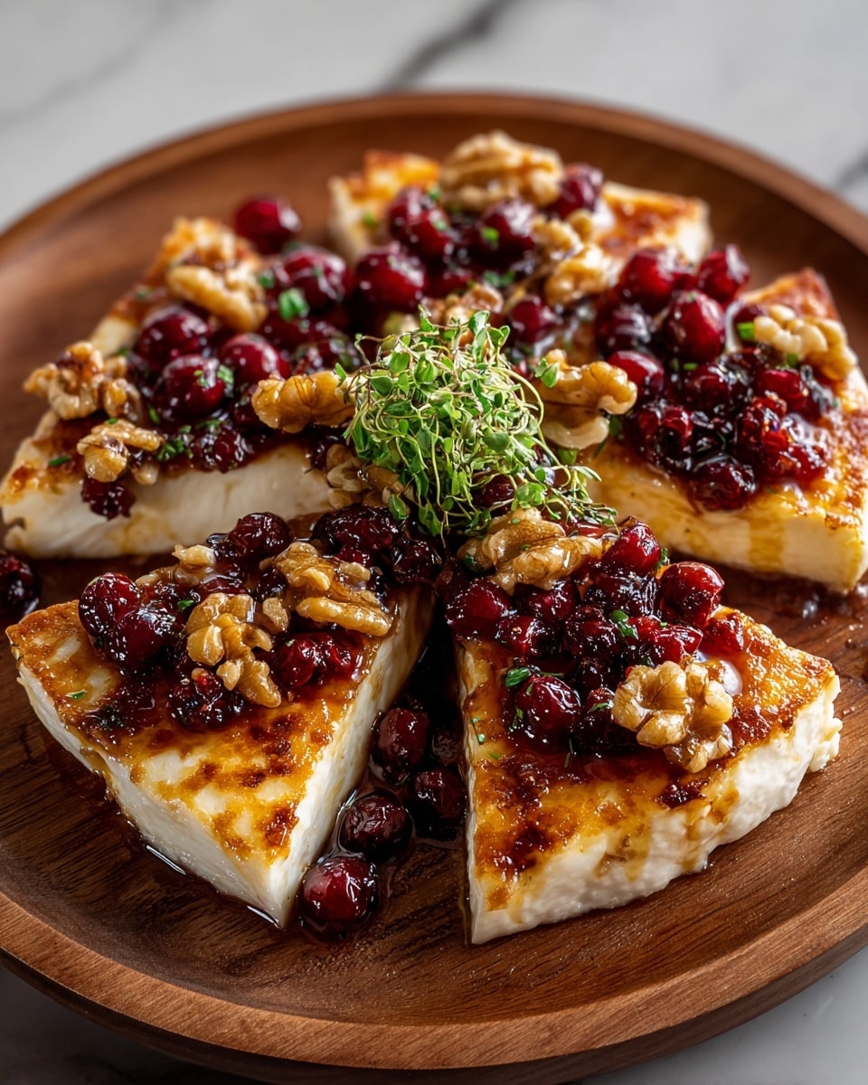 The image shows a round grilled cheese wheel cut into four large triangular slices arranged in a circle on a wooden plate, each slice topped with small shiny reddish cranberries and golden brown walnuts. In the center, a small bunch of fresh green herbs adds a pop of color. The cheese has a golden brown crispy crust on top, contrasting with its white creamy inside. The juicy cranberries and walnuts glisten with a light syrup, making the dish look rich and inviting. The background is a white marbled surface. photo taken with an iphone --ar 4:5 --v 7