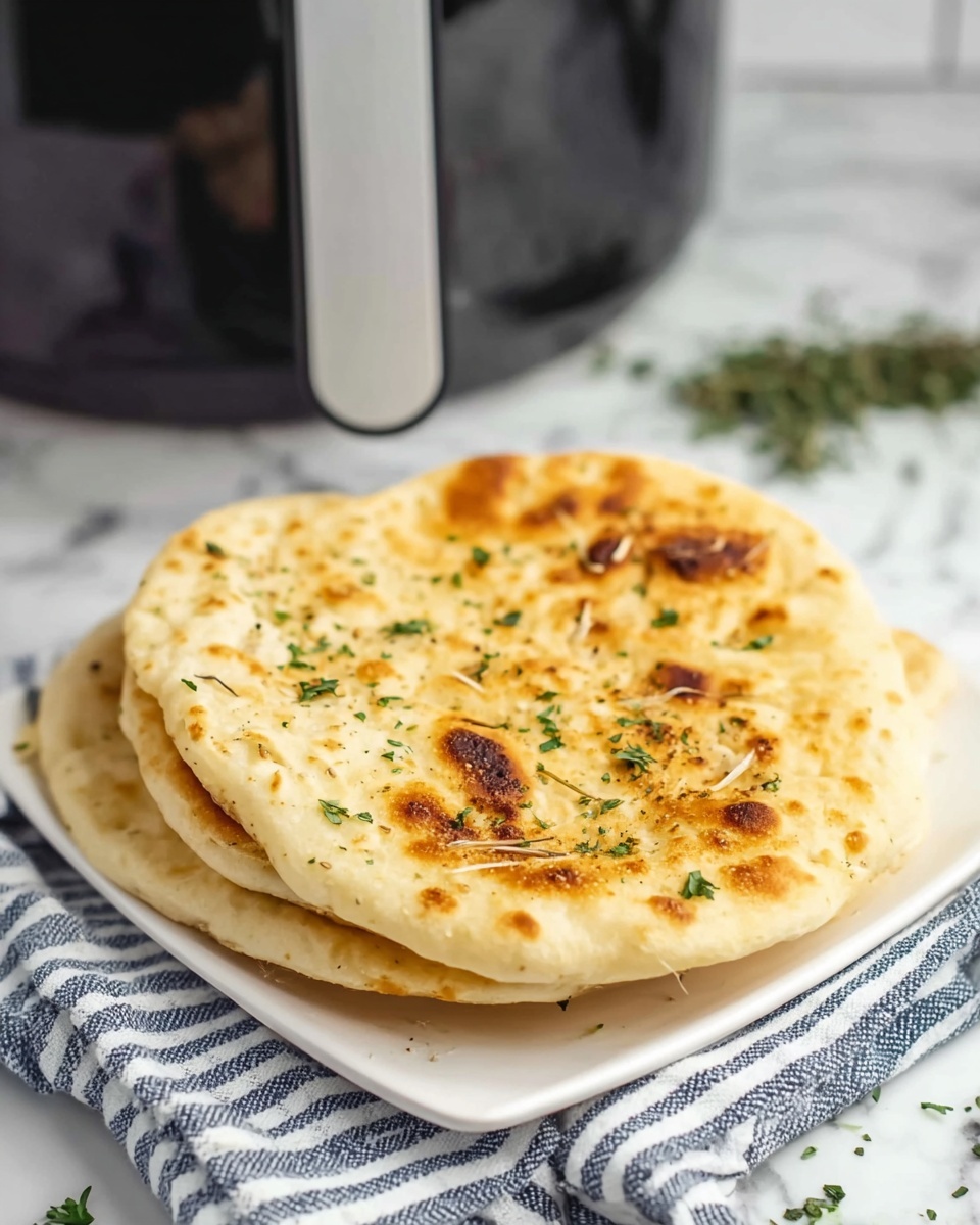 The image shows a stack of three flatbreads placed on a white square plate. The top flatbread has a light golden-brown color with darker toasted spots and is sprinkled with green herbs and thin slices of cooked garlic. The flatbreads have a soft, slightly puffy texture with an uneven round shape. The plate rests on a blue and white striped cloth on a white marbled surface, with some scattered green herb leaves around it. In the background, a black air fryer is slightly blurred. photo taken with an iphone --ar 4:5 --v 7