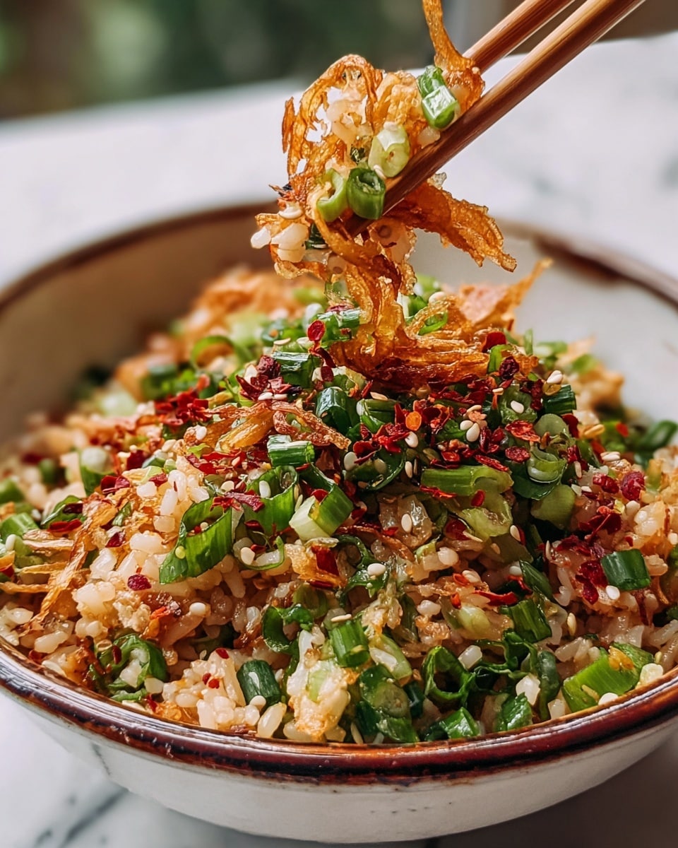 The image shows a close-up of a bowl filled with a colorful rice dish on a white marbled surface. The base layer is light brown rice mixed with small bits of green scallions and white sesame seeds spread throughout. On top of the rice, there are thin slices of crispy, golden-brown fried onions and bright green chopped scallions, adding texture and color. Sprinkled around the dish are red chili flakes, giving the dish a slightly spicy appearance. A pair of wooden chopsticks is holding some of the rice and vegetables above the bowl, showing the texture and mix of ingredients clearly. The bowl is white with a rustic dark brown rim, complementing the vibrant colors inside. photo taken with an iphone --ar 4:5 --v 7