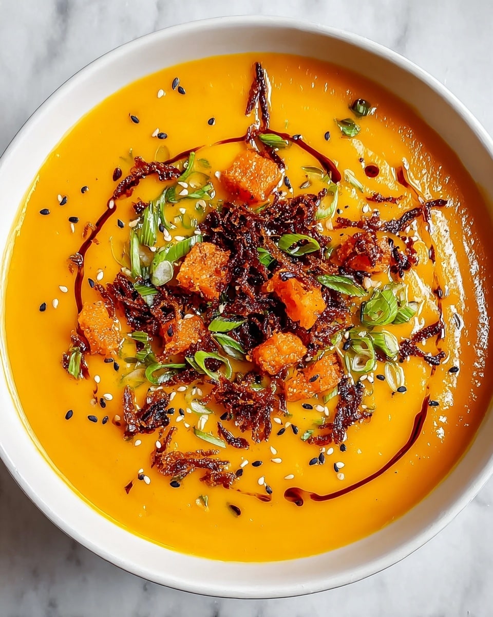 A white bowl filled with smooth, bright orange pumpkin soup, topped in the center with small orange pumpkin chunks, dark crispy fried onions scattered over the top, small green onion pieces, and sprinkled white and black sesame seeds. Thin lines of dark chili oil swirl lightly on the soup surface. The bowl sits on a white marbled texture background. photo taken with an iphone --ar 4:5 --v 7