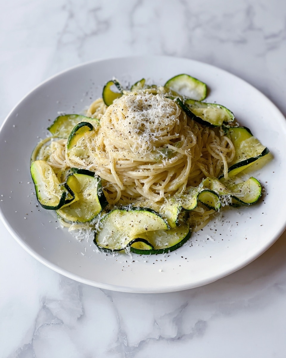 A white plate holds a serving of spaghetti pasta, light yellow in color, twirled in the center, topped with grated white cheese that adds a soft texture. Surrounding and mixed within the pasta are thin, curled slices of green zucchini, showing a slightly translucent look with a darker green edge. The zucchini slices are spread evenly, some laying flat on the plate, others curling upwards, and they are sprinkled with a light dusting of black pepper. The dish is placed on a white marbled surface that adds a clean and fresh look to the presentation. photo taken with an iphone --ar 4:5 --v 7