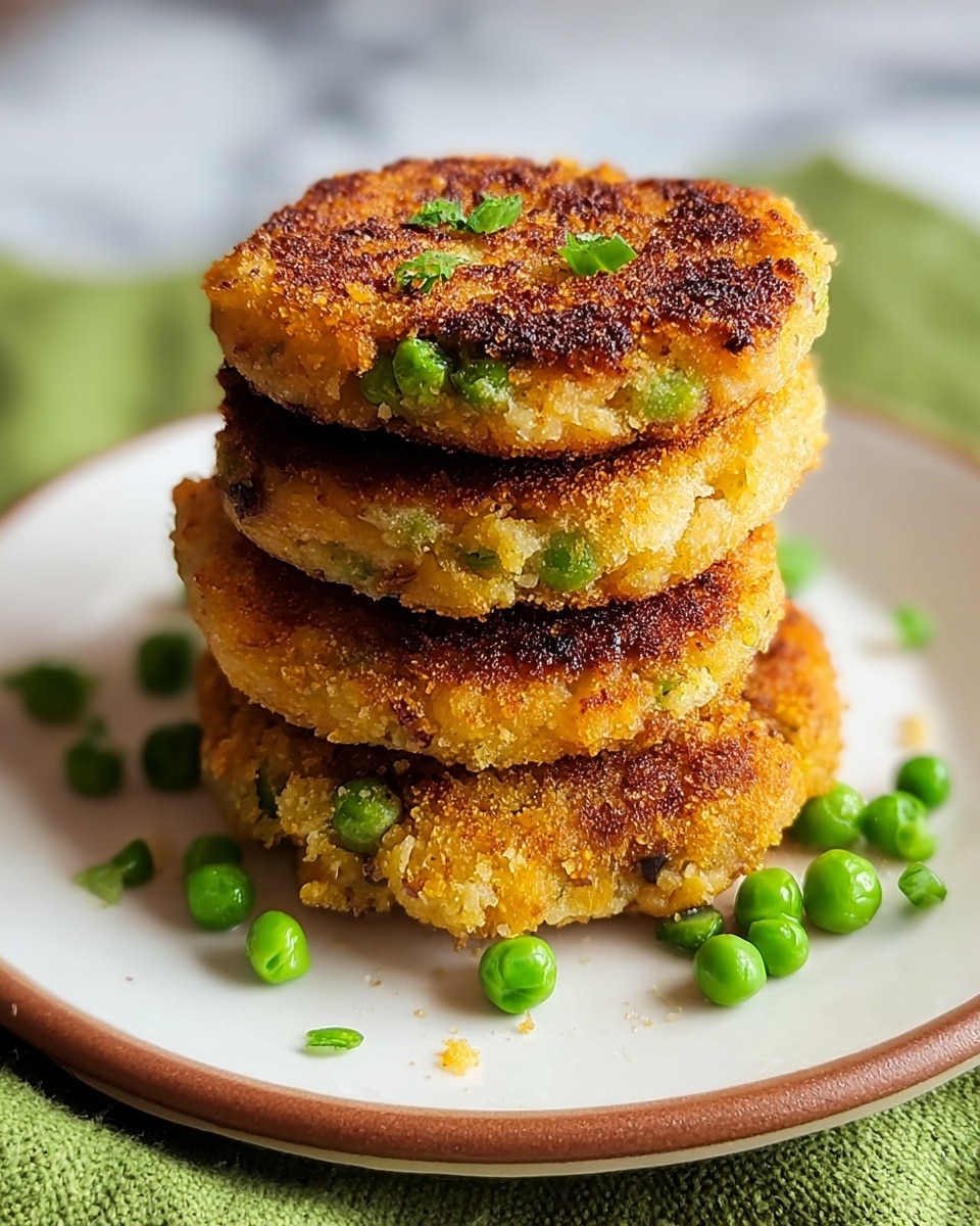 A stack of four golden-brown, crispy patties sits on a white plate with a brown rim, placed on a white marbled surface with a green cloth around. Each patty shows a rough texture with small green peas embedded inside, some peas slightly popping out along the edges. The patties are thick and uneven, with browned, crunchy spots on the top, giving a homemade look. Scattered loose green peas surround the base of the stack. photo taken with an iphone --ar 4:5 --v 7