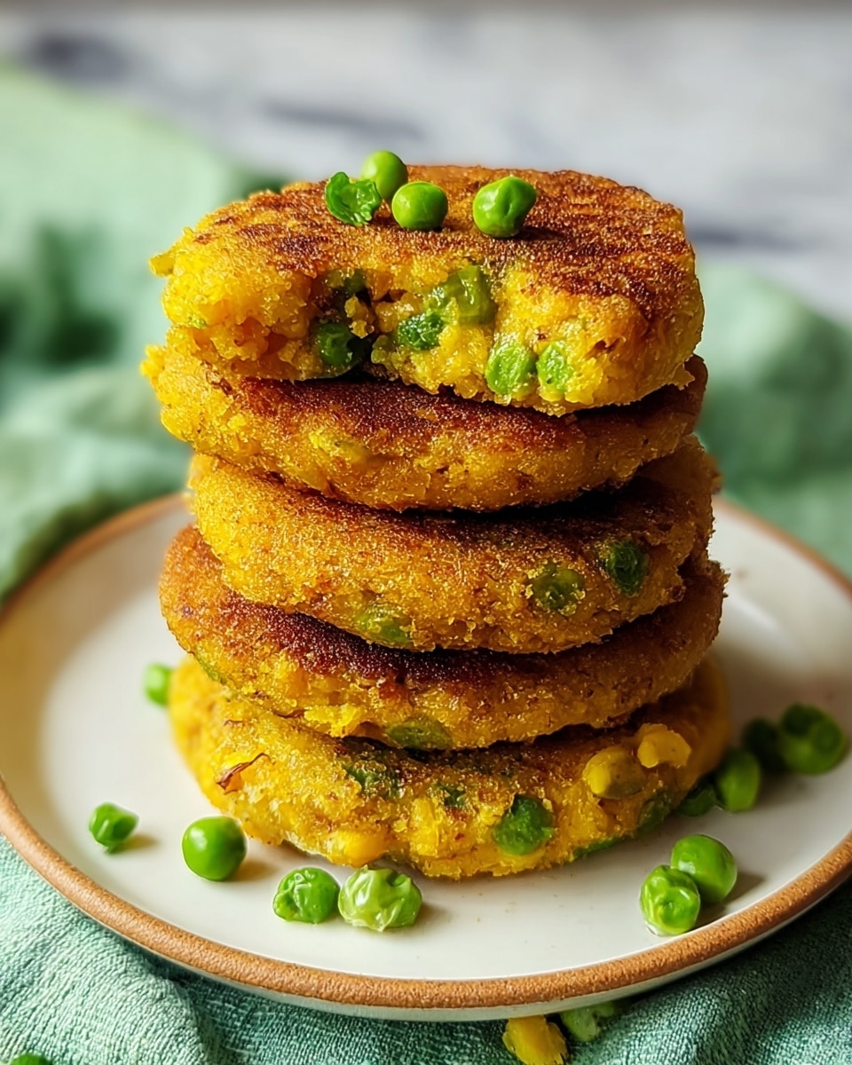 A stack of four golden brown patties sits on a white plate with a thin light brown rim, placed on a soft green cloth. Each patty has a crispy, browned outer layer with a slightly rough texture and visible green peas embedded inside. The patties are thick and round, arranged unevenly, showing their soft, bright yellow interiors with scattered green peas. A few loose peas are scattered around the base of the stack on the plate. The background is softly blurred, and the surface beneath is a white marbled texture. photo taken with an iphone --ar 4:5 --v 7