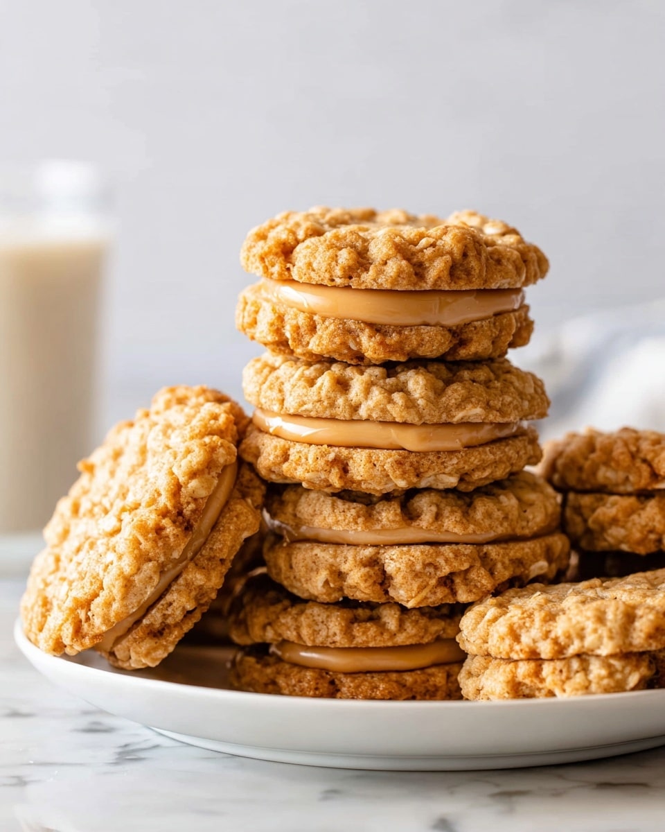 A stack of oatmeal sandwich cookies sits on a white plate against a white marbled surface, with a blurred glass of milk in the background. Each cookie features two rough-textured, golden-brown oatmeal layers with visible oats, sandwiching a smooth, light tan creamy filling in the middle. The cookies have a slightly uneven, chunky surface, giving them a homemade look. The stack shows several layers of these sandwich cookies, with some leaning against each other. Photo taken with an iphone --ar 4:5 --v 7