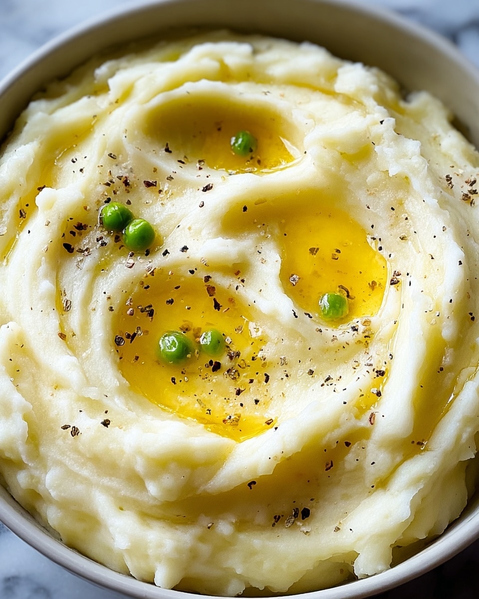 A close-up of creamy mashed potatoes served in a white bowl, showing a smooth texture with gentle swirls on top forming three small wells filled with melted golden butter. The butter pools shine with a glistening surface, sprinkled with coarse black pepper and three small bright green peas that stand out against the soft ivory potatoes. The edges of the mashed potatoes are uneven and fluffy, highlighting the dish's rich and creamy nature, all set on a white marbled background photo taken with an iphone --ar 4:5 --v 7