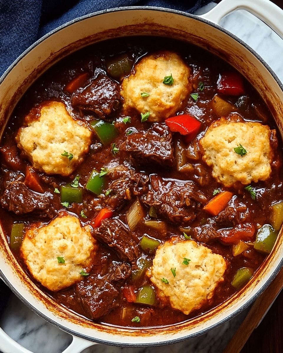 A white pot filled with a thick dark brown stew, layered mainly with large chunks of browned beef and colorful vegetables. The vegetables include bright green and red bell pepper pieces and small translucent onion chunks scattered throughout. The stew has a rich, glossy texture. On top, four dollops of golden, fluffy biscuit dough are placed evenly around the stew. The pot sits on a white marbled surface with a dark blue cloth partly visible on the side. Photo taken with an iphone --ar 4:5 --v 7