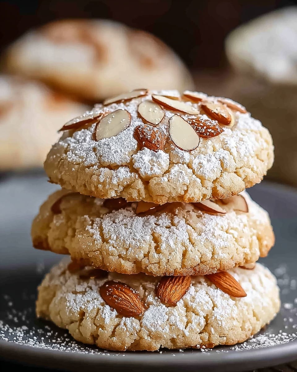 A close-up shows a stack of three almond cookies on a dark grey plate, each cookie topped with a dusting of white powdered sugar and several thin, light brown almond slices with their skins visible. The cookies are round with a slightly cracked, rough texture, and their edges show a light golden brown color. The background features more cookies blurred out on a white marbled texture surface. photo taken with an iphone --ar 4:5 --v 7