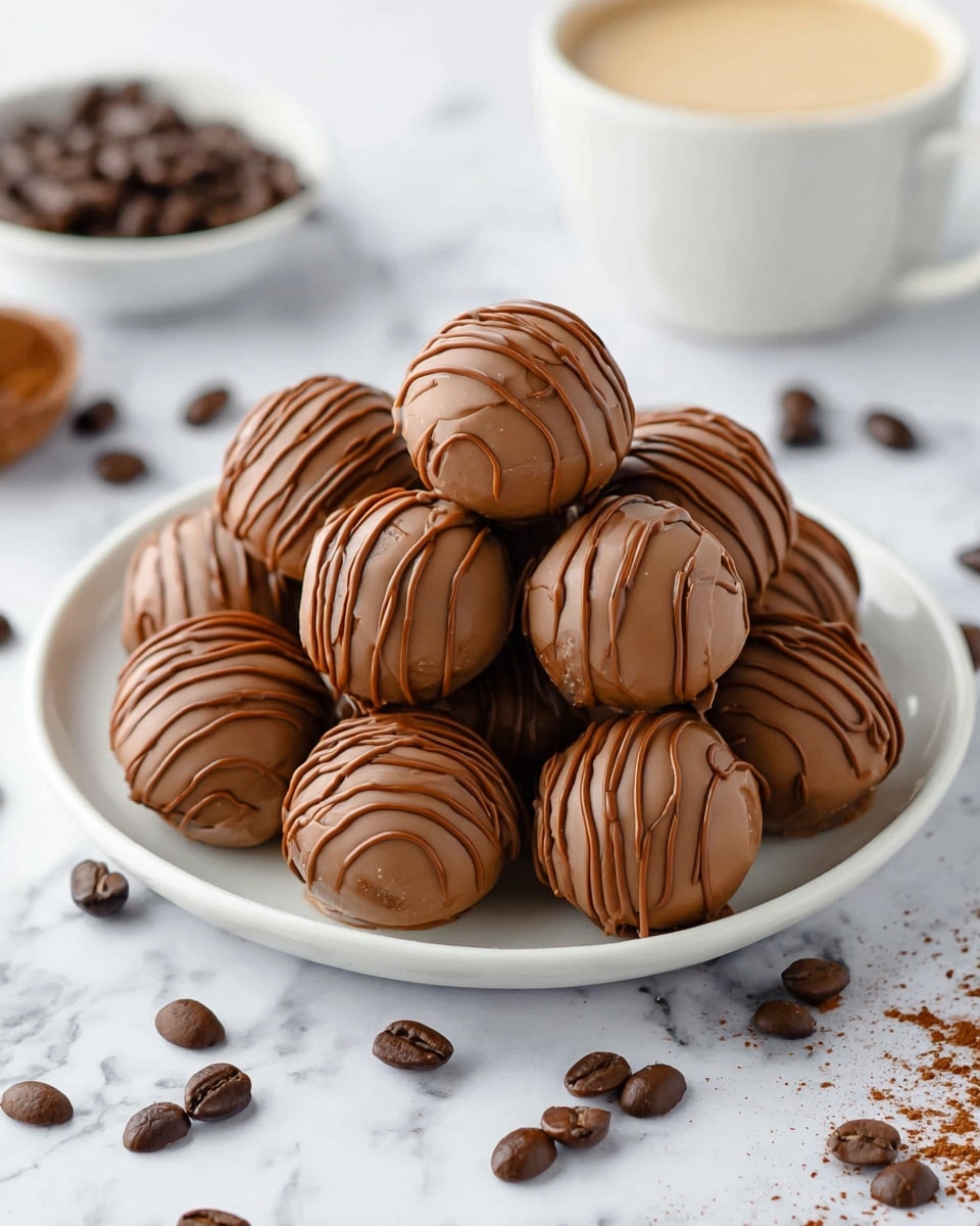 A white plate holds about fifteen smooth, round chocolate truffles stacked in a loose pile. Each truffle is coated in milk chocolate with a slightly glossy finish and has fine lines of darker chocolate drizzled over the top in uneven, wavy patterns. The plate rests on a white marbled surface scattered with dark brown coffee beans and small coffee grounds, with a blurred white bowl of coffee beans and a light beige creamy drink in the background. The scene is brightly lit and clean, focusing closely on the truffles’ glossy texture and neat drizzle. photo taken with an iphone --ar 4:5 --v 7