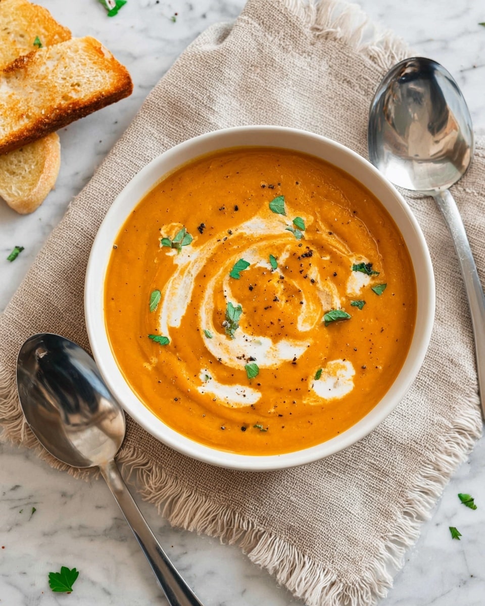 The image shows two white bowls of smooth orange soup placed on a gray cloth with frayed edges over a white marbled surface. Each bowl is topped with a swirl of white cream and sprinkled with small green parsley leaves and some black pepper. Near the bowls, there is a piece of crusty bread and two silver spoons on the side. A few parsley leaves are also scattered on the white marbled surface between the bowls. photo taken with an iphone --ar 4:5 --v 7