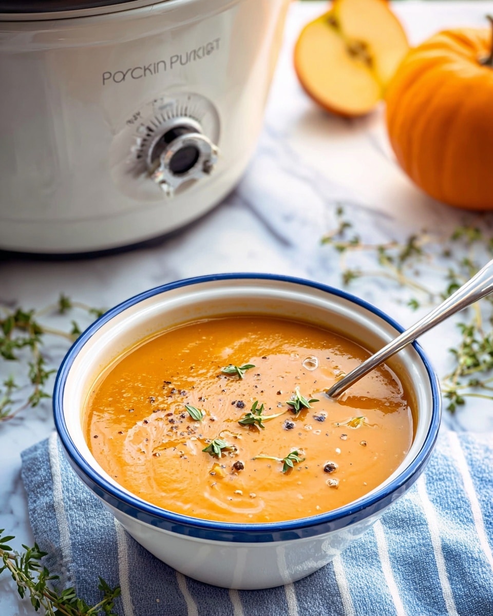 A white bowl with a blue rim is filled with smooth, thick orange pumpkin soup. The soup is topped with small green thyme leaves and crushed black pepper. A silver spoon rests inside the bowl on the right side. The bowl sits on a blue and white striped cloth on a white marbled surface. In the background, there is a white slow cooker with a dial set to low, and next to it, a small, round, light orange pumpkin and a cut half of a yellow apple. Small sprigs of thyme are scattered around. photo taken with an iphone --ar 4:5 --v 7