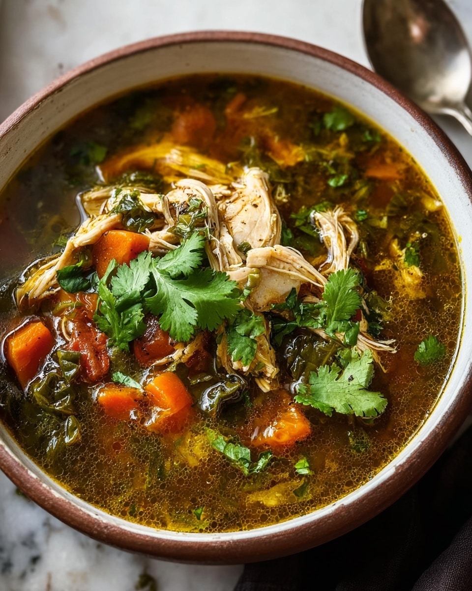 The image shows a bowl of soup with layers of rich broth, shredded chicken pieces, orange carrot chunks, and green herbs, all mixed with leafy greens that float in the broth. The chicken looks tender and slightly browned, sitting on top of the vegetables, while fresh cilantro leaves are sprinkled over the surface, adding a bright green color contrast. The bowl is white with a brown rim, sitting on a white marbled texture, and next to it is a silver spoon. photo taken with an iphone --ar 4:5 --v 7