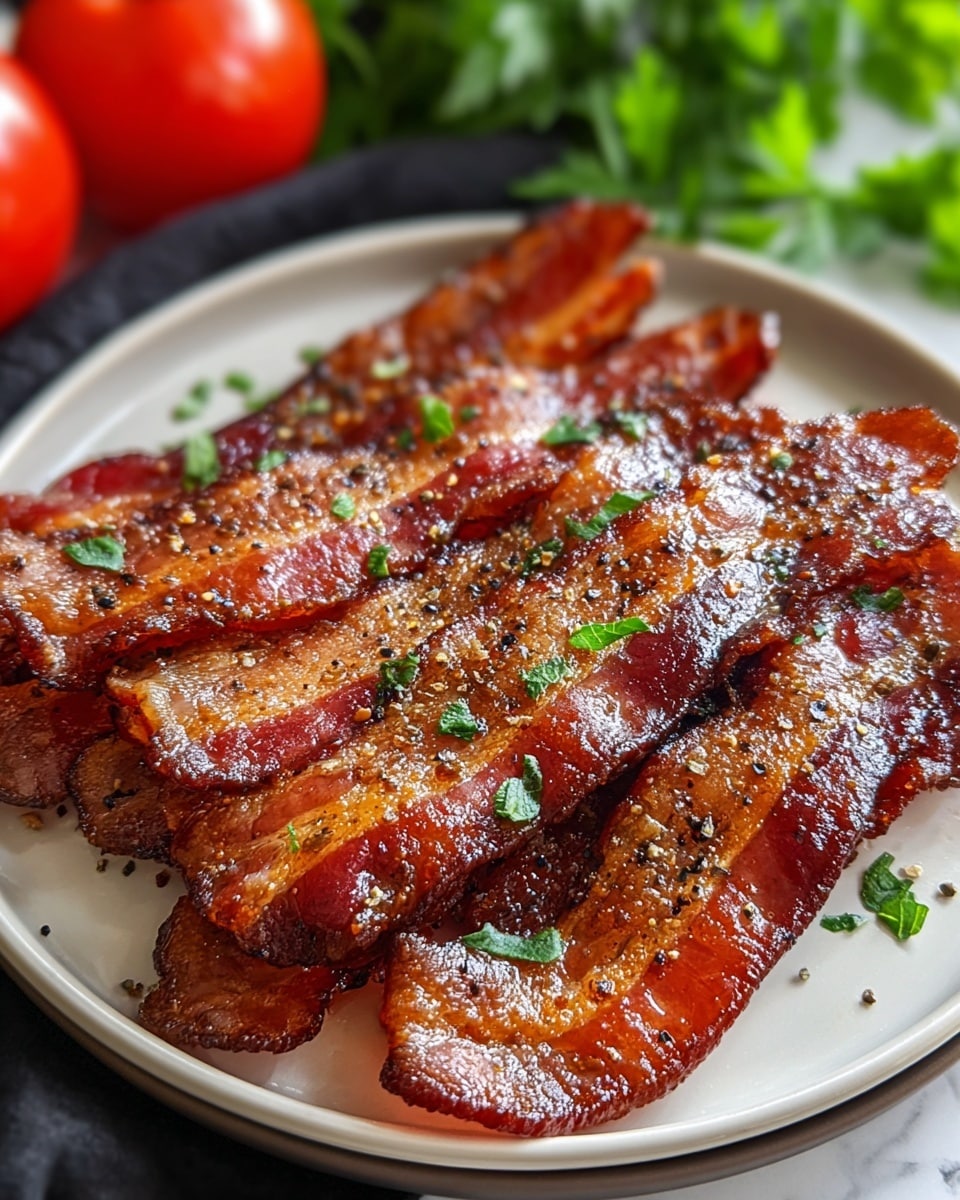 The image shows a white plate filled with several pieces of crispy bacon stacked in slightly overlapping layers, each strip having a shiny, golden-brown textured surface with darker charred edges. The bacon is sprinkled with small green herb pieces and coarse black pepper, adding a fresh, speckled green and black look against the reddish-brown meat. The plate rests on a white marbled surface, with blurred green leaves and a red tomato in the background. photo taken with an iphone --ar 4:5 --v 7