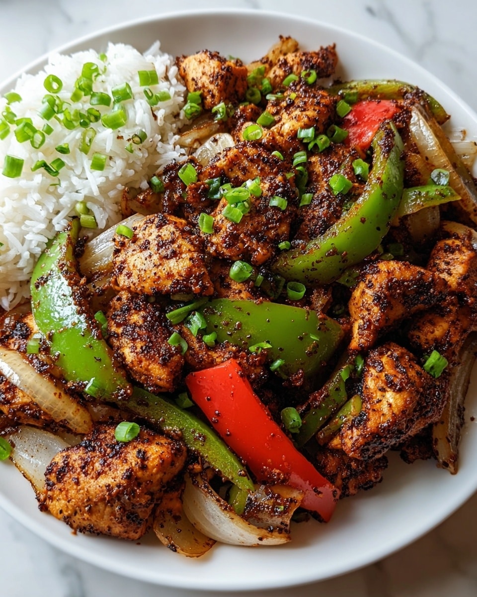 This dish shows a close-up of a white plate filled with pieces of cooked chicken coated in a dark spice mix, giving them a rough, textured look. Mixed among the chicken are slices of shiny, cooked green and red bell peppers, along with translucent, cooked onion slices, all speckled with the same dark spice. On top, finely chopped green onions are sprinkled evenly, adding fresh green color. On one side of the plate, there is a small serving of white rice with some green onion pieces scattered on it. The background is a white marbled texture. Photo taken with an iphone --ar 4:5 --v 7