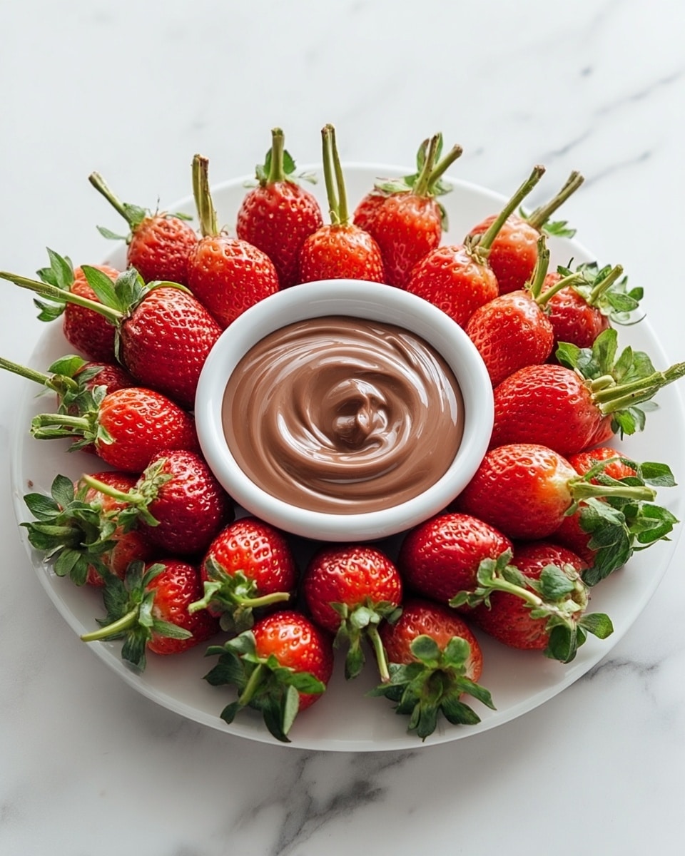 A white round plate holds a small white bowl filled with smooth, creamy milk chocolate in the center, with a gentle swirl on top of the chocolate. Surrounding the bowl is one layer of fresh, bright red strawberries with green leafy tops and long green stems pointing outward, arranged evenly in a circular pattern. The plate is set on a white marbled surface that adds a clean, elegant look to the presentation. photo taken with an iphone --ar 4:5 --v 7