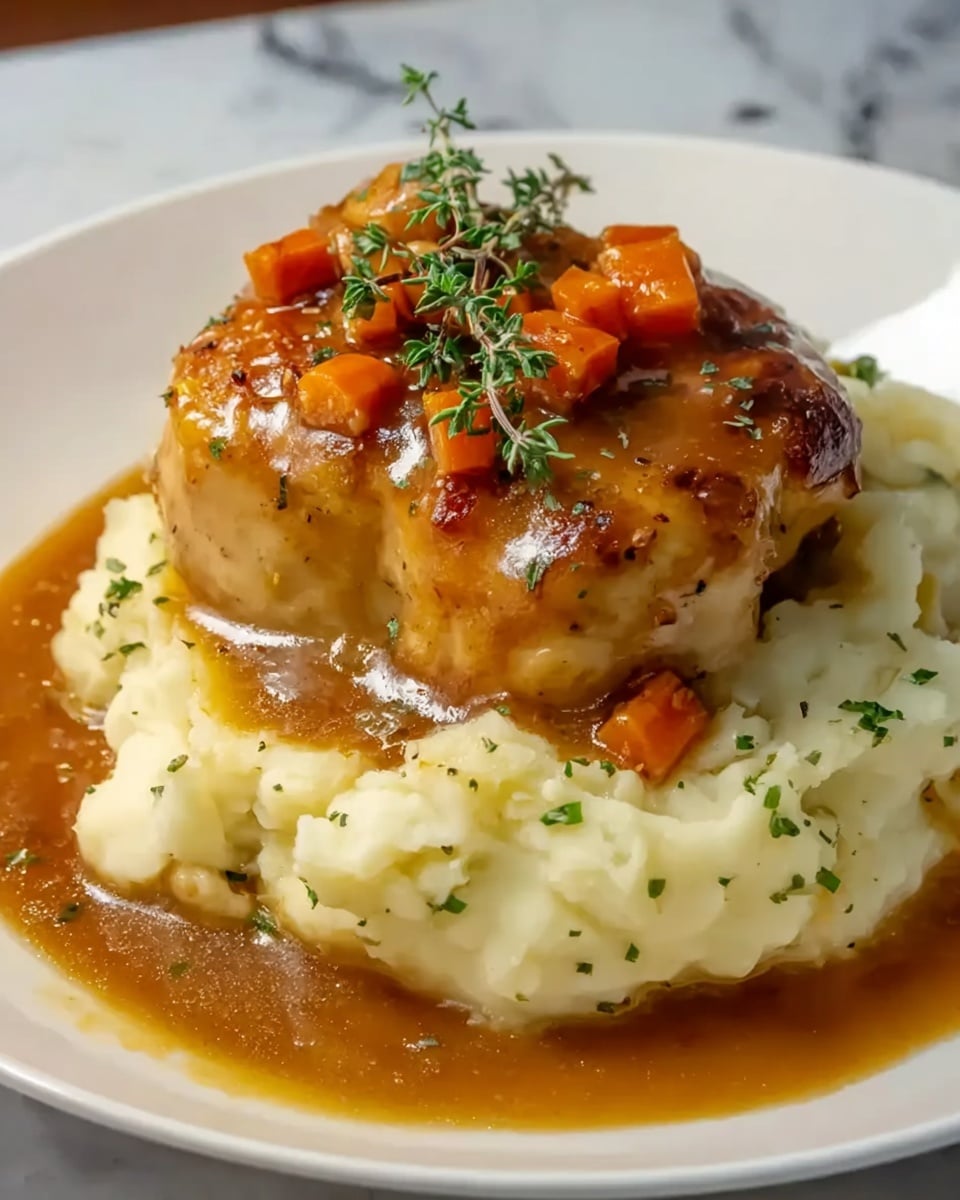 A white plate holds a piece of golden brown cooked chicken topped with small diced orange carrots and chopped green herbs. The chicken sits in a shiny brown sauce that spreads across the base of the plate. Behind the chicken, there is a mound of creamy white mashed potatoes sprinkled with green herbs. The whole dish is presented on a white marbled surface. photo taken with an iphone --ar 4:5 --v 7