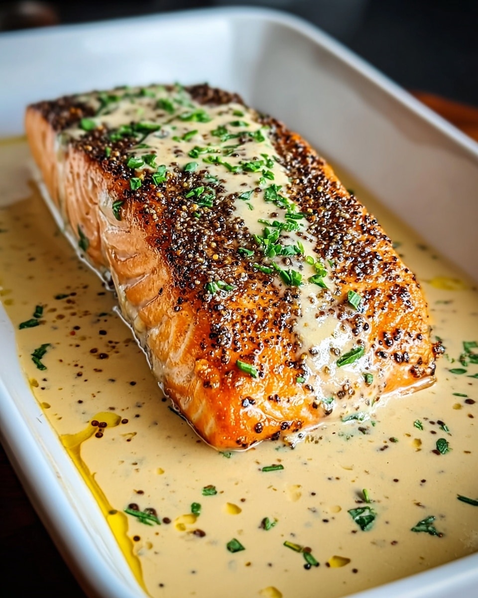 A thick piece of cooked salmon fillet with a crispy brown and black pepper crust sits centered in a white rectangular dish. The salmon is covered with a creamy beige sauce sprinkled with finely chopped green herbs. The dish also contains a pool of the same sauce mixed with golden oil around the salmon. The white marbled surface under the dish adds lightness to the composition. photo taken with an iphone --ar 4:5 --v 7