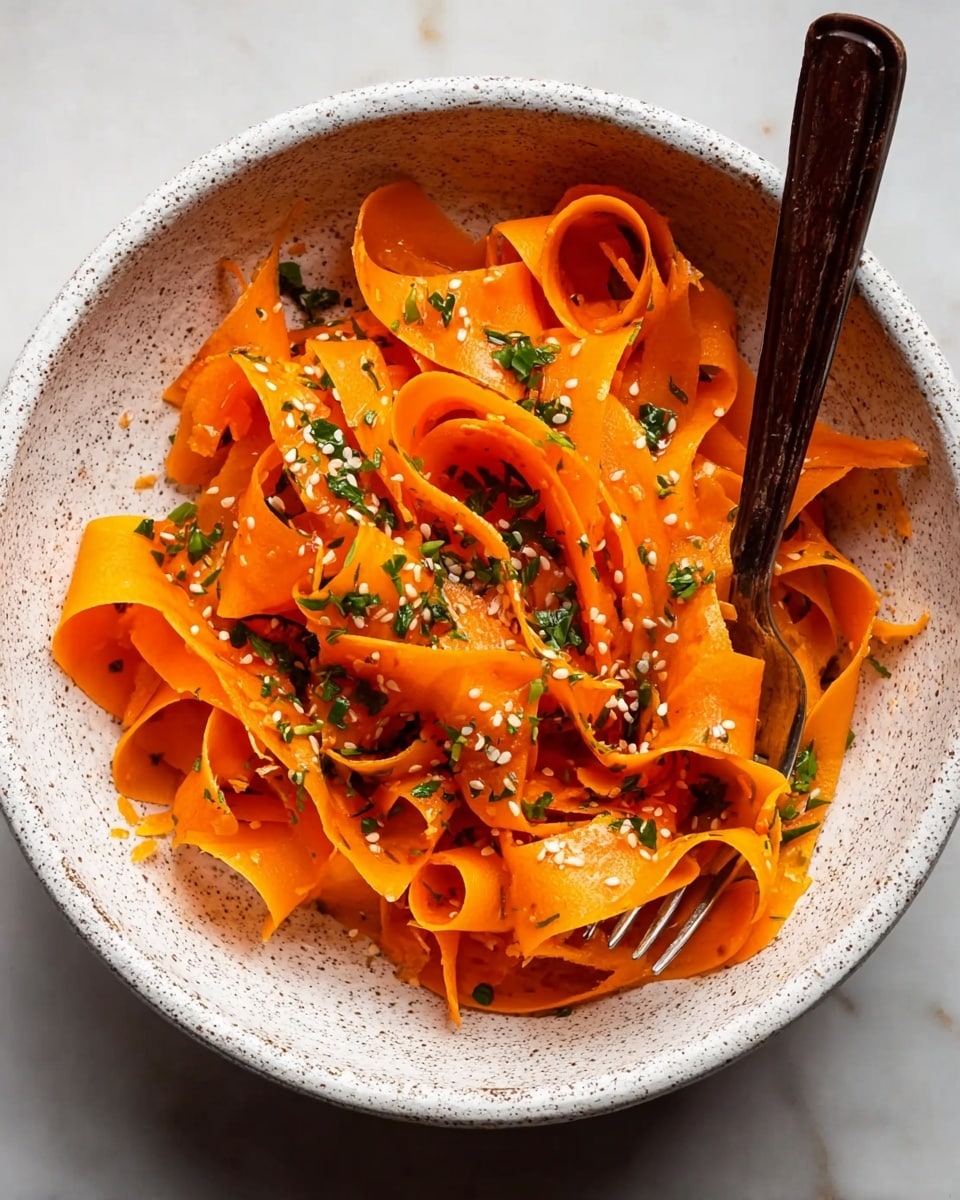 A white speckled bowl filled with thin, wide orange carrot ribbons that are curled and layered loosely inside. The ribbons have a shiny, fresh texture and are sprinkled with small white sesame seeds and finely chopped green herbs scattered evenly over the top. A dark wooden-handled fork rests inside the bowl on the right side, touching the carrot ribbons. The bowl sits on a white marbled surface. photo taken with an iphone --ar 4:5 --v 7