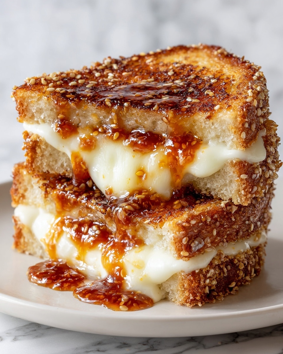 A close-up image of a stack of grilled cheese sandwiches shows three layers of golden brown toasted bread with a crispy, slightly rough texture on the outside. Between each slice is a thick layer of white, melted cheese oozing out with a smooth, stretchy look. Drizzled over the cheese is a glossy, amber-colored honey that glistens as it slowly drips down the sides, adding a sticky, shiny contrast to the sandwich. The sandwiches are stacked neatly on each other with the top layer slightly tilted, showing the gooey cheese and honey. The background is a white marbled texture. photo taken with an iphone --ar 4:5 --v 7