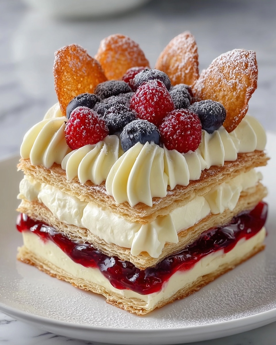 A square-shaped layered dessert sits on a white plate on a white marbled surface. The bottom layer is a thin, light-brown pastry crust, topped with a thick layer of smooth cream. Above the cream is a shiny, deep red berry jelly layer with visible small pieces of strawberries. Another thin pastry crust follows, then a thick creamy layer. On top is another thin pastry topped with swirls of pale yellow cream arranged along the edges. Between the cream swirls, large golden-brown crispy pastry pieces are set standing upright and dusted with powdered sugar. In the center, a pile of fresh blueberries and raspberries is also dusted lightly with powdered sugar. Photo taken with an iphone --ar 4:5 --v 7