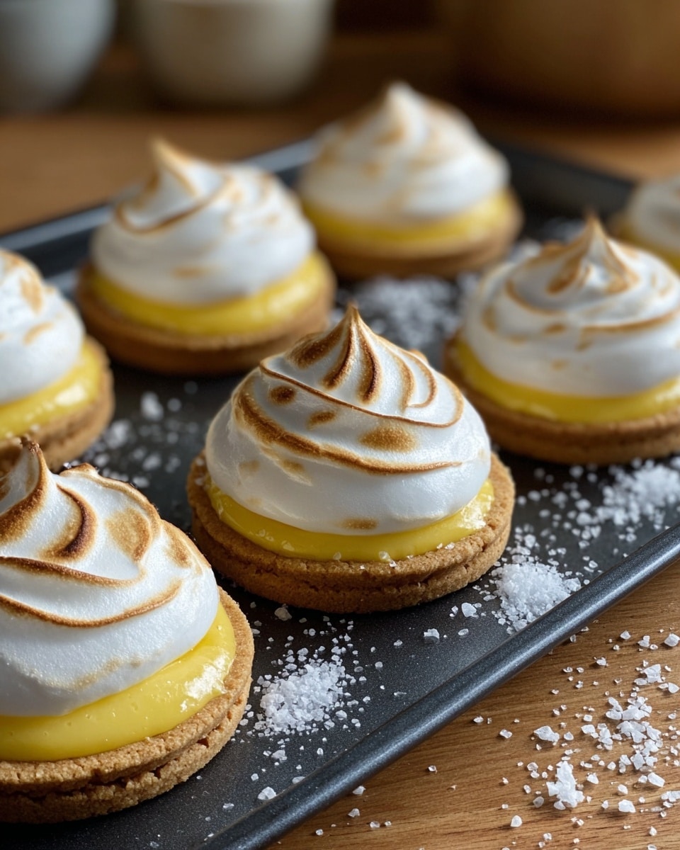 The image shows six small round desserts on a dark baking tray placed on a wooden surface. Each dessert has three layers: the bottom layer is a light brown cookie base with a slightly rough texture; the middle layer is a smooth, bright yellow lemon curd; the top layer is a fluffy, white meringue with light golden brown peaks and edges, creating a soft swirled texture. Some white coarse sugar crystals are sprinkled around the tray, adding a bit of shine and contrast. The background is blurred but shows simple kitchen elements. photo taken with an iphone --ar 4:5 --v 7