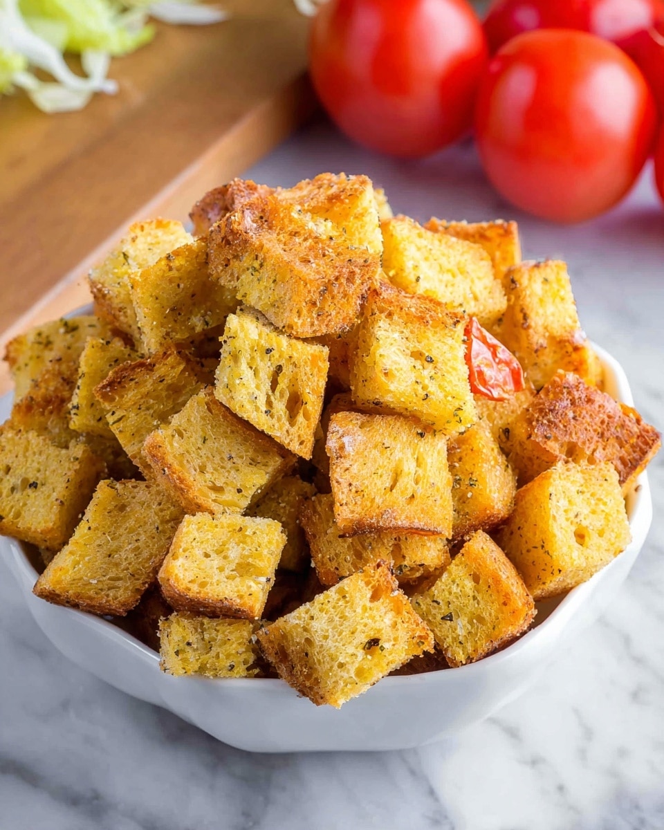 A white bowl filled with a generous pile of golden-brown croutons that have a crispy texture and visible seasoning bits, giving them a slightly speckled look. The croutons are cut into small cubes, stacked in layers that rise to a peak in the center. Behind the bowl, a few bright red grape tomatoes add a fresh pop of color, all set on a smooth white marbled surface photo taken with an iphone --ar 4:5 --v 7